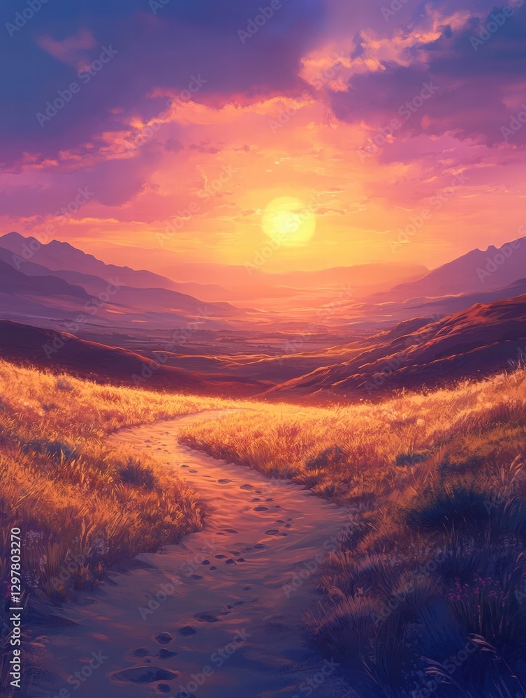 Poster vivid sunset over rolling hills with golden grass and winding path in a serene landscape. generative