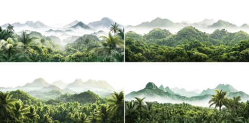 Set of lush tropical jungle landscapes with palm trees and distant mountains, isolated on transparent cutout background