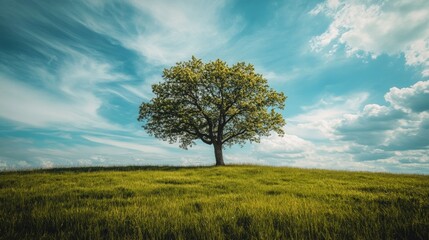 Fototapeta premium A single tree stands alone on a grassy hill against a bright blue sky with white clouds.