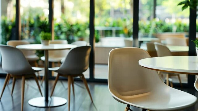 Modern cafe interior with empty tables and a vibrant greenery view during the daytime