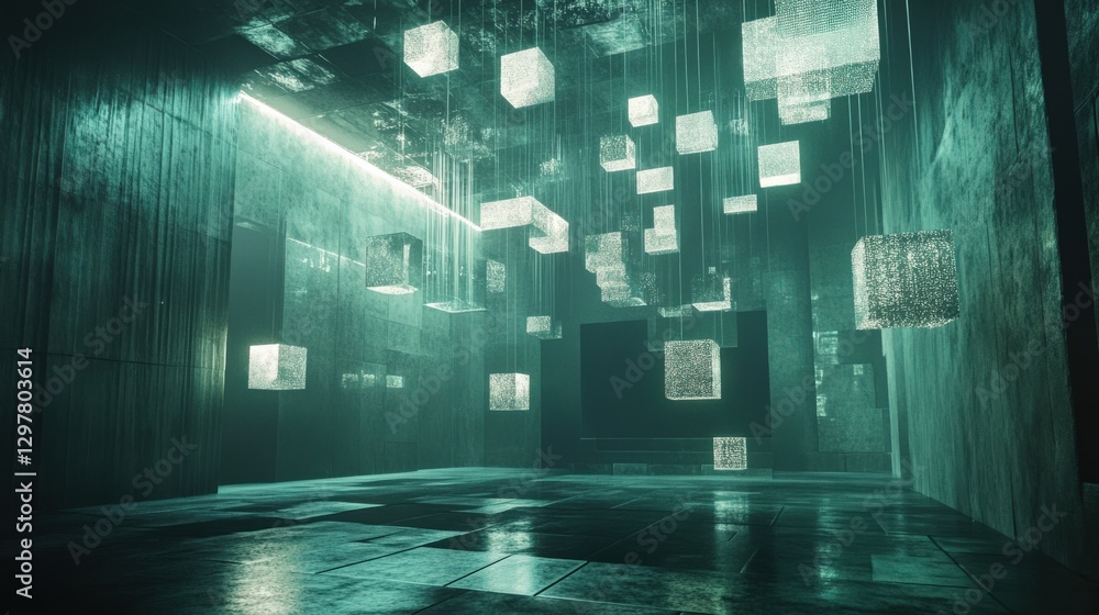 Poster a futuristic digital space with floating light cubes in a dimly lit environment, evoking a mysteriou