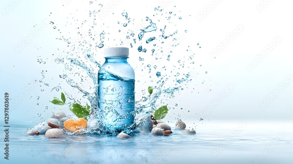 Poster minimalist infographic design featuring a simple blue water drop icon with a glossy reflective effec