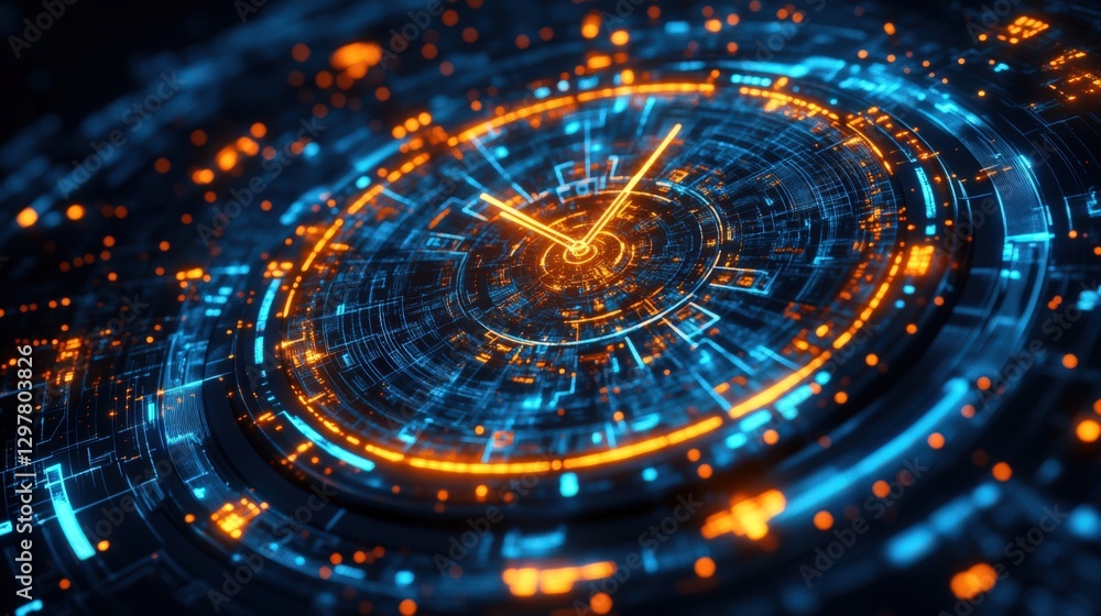 Aufkleber futuristic digital clock display with orange and blue neon lights representing time in a high-tech a