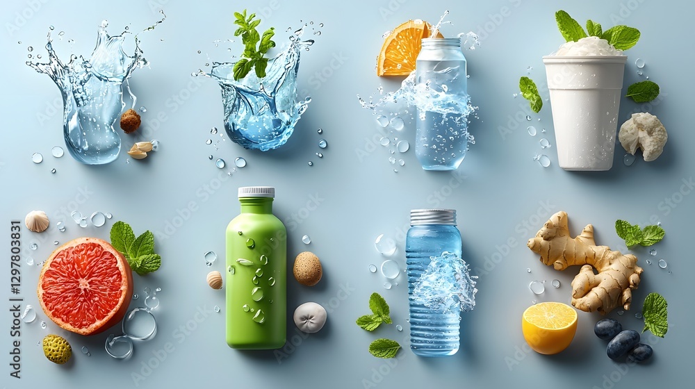 Poster infographic collection of different water drop icons in various styles including flat 3d and outline