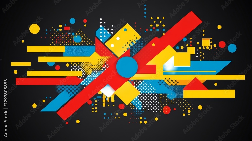 Poster dynamic abstract geometric composition with vibrant primary colors on dark background for contempora