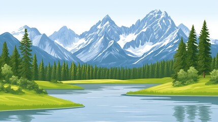 Pixelated mountain lake vista with snow-capped peaks and verdant forest illustration scenic nature background with crisp graphic design