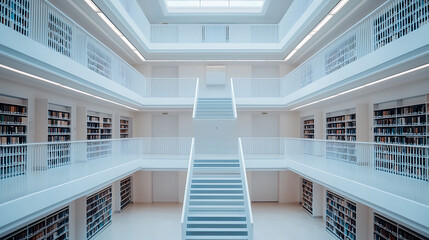 Fototapeta premium Modern library interior design featuring white shelves and glass walls urban setting architectural photography bright atmosphere wide angle view