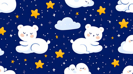 Cute Polar Bears and Clouds with Stars on Deep Blue Background