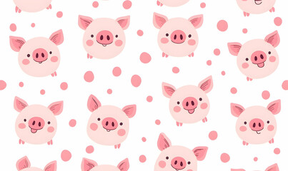 Cute Pig Faces with Pink Spots on White Background for Fun Patterns