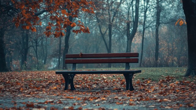 A wooden bench in a foggy park. The leaves have turned red and orange.