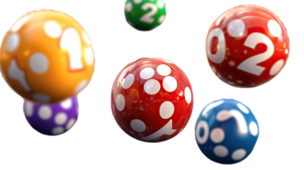 Colorful Lottery Balls in Motion: A dynamic composition of vibrant lottery balls, each bearing a unique number, appears suspended in mid-air, suggesting the excitement of a game of chance.