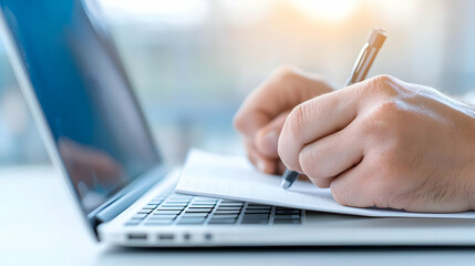 Fototapeta premium Person Writing Notes on Paper While Using a Laptop Computer
