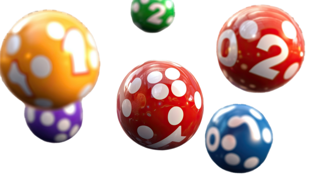Colorful Lottery Balls in Motion: A dynamic composition of vibrant lottery balls, each bearing a unique number, appears suspended in mid-air, suggesting the excitement of a game of chance.