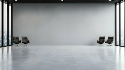 Modern Minimalist Workspace with Empty Grey Walls and Chairs