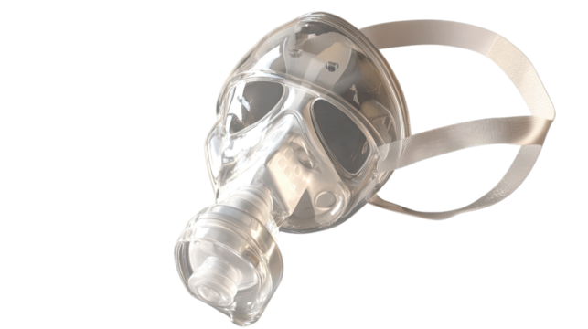 Protective Respirator: A close-up shot of a transparent, modern respirator mask, designed to filter the air.