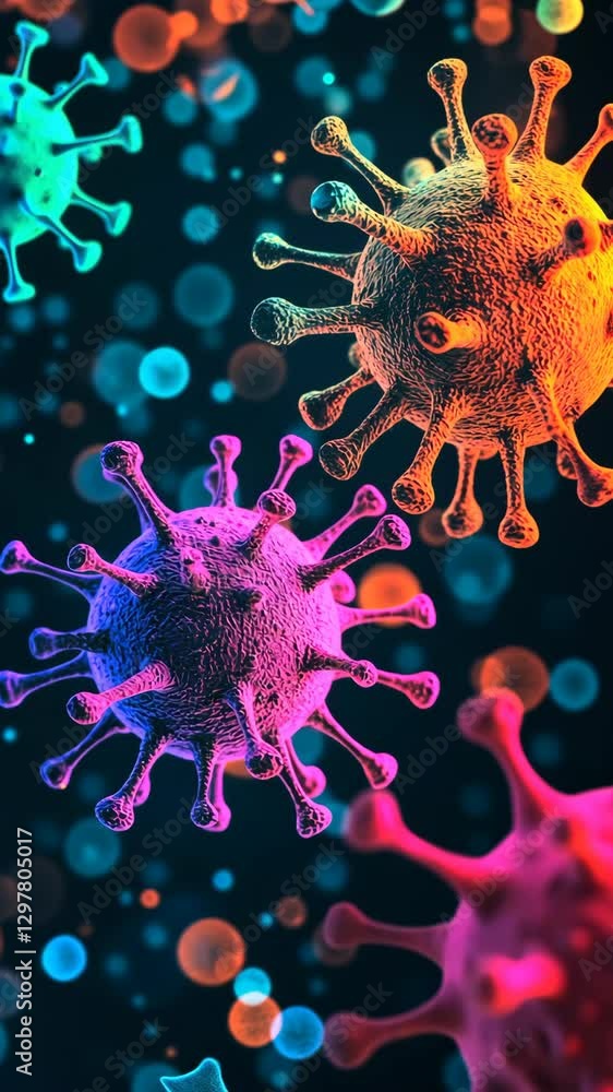 Poster colorful representation of viruses under microscopic view showcasing different shapes and sizes in a
