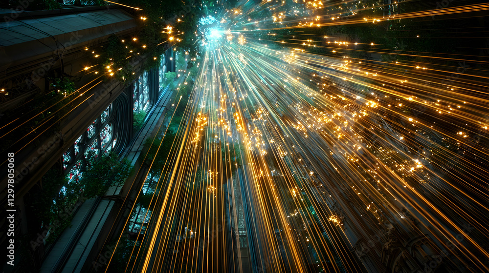 Poster abstract light streaks emerging from a central point creating a futuristic energy pattern