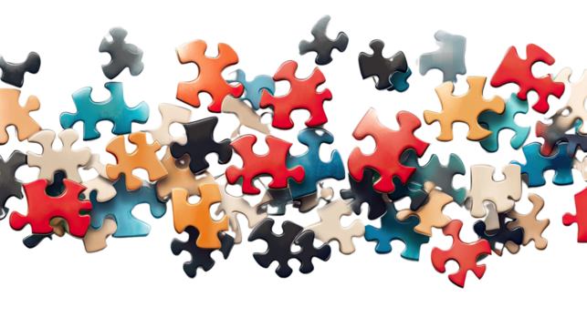 Colorful Puzzle Pieces: A vibrant array of puzzle pieces scattered, symbolizing complexity, problem-solving, and teamwork.