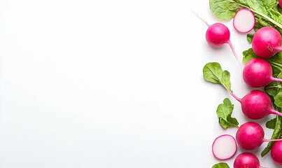 Fresh Pink Radishes with Green Leaves on White Background
