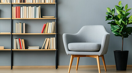 Cozy reading nook with modern armchair and bookshelf home interior design minimalist environment inviting viewpoint relaxation concept