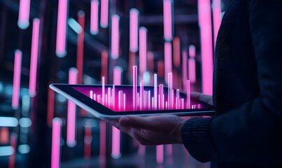 Modern Technology and Data Visualization on Tablet in Neon Environment