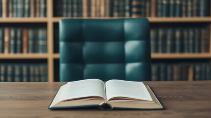 Classic study table in a historic library with open book intellectual atmosphere scholarly environment captivating viewpoint