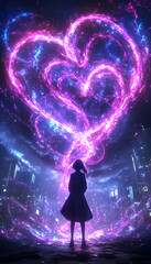 Girl, heart, city, night, magic
