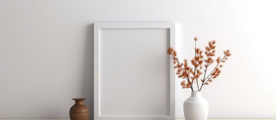 Empty frame for mockup and vase ceramic with dried flowers isolated white background