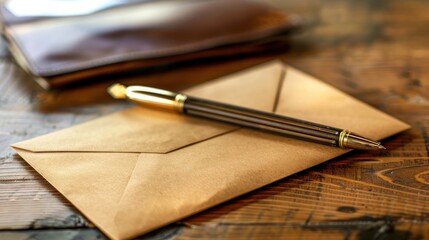 Fototapeta premium Envelope and Pen on Wooden Table