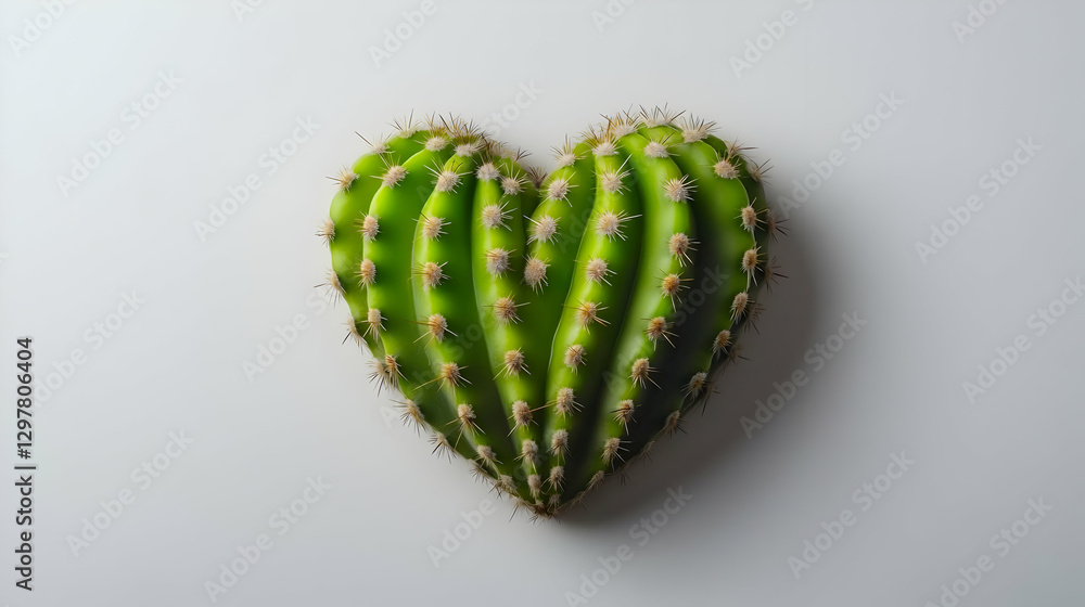Poster heart shaped green cactus isolated on white background with top view and soft shadow