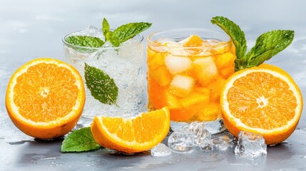 Refreshing orange drinks with ice and mint