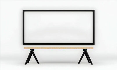 Minimalist Space with Empty Frame and Wooden Bench for Display