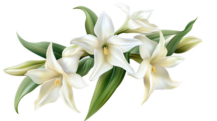 Floral Elegance: A photorealistic image of beautiful white lily flowers with lush green leaves, displaying a delicate arrangement of petals, evoking feelings of purity, and grace.