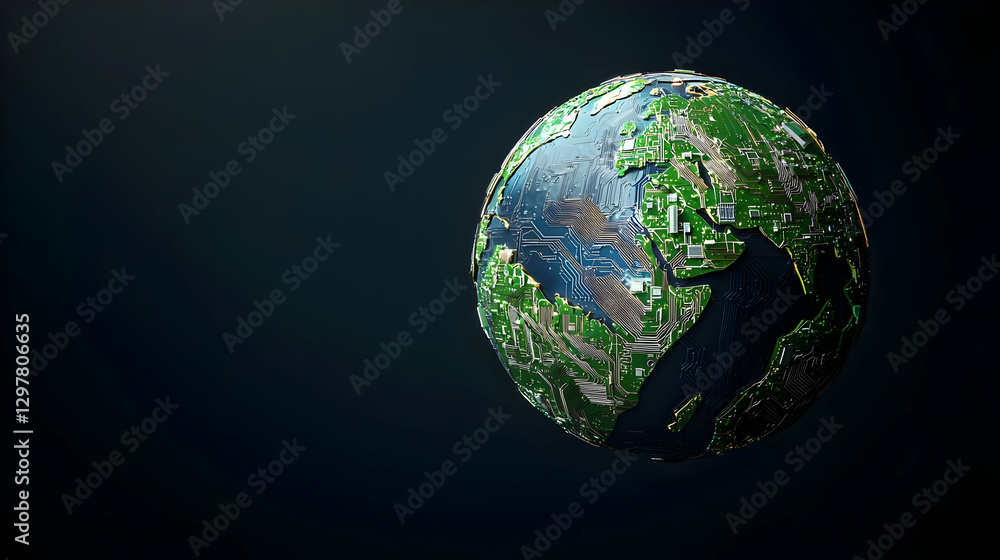 Poster pixelated globe depicting digital circuitry and technological networks in space on dark background