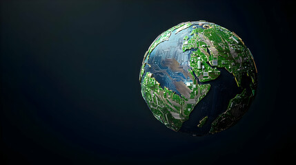 Fototapeta premium Pixelated Globe Depicting Digital Circuitry and Technological Networks in Space on Dark Background