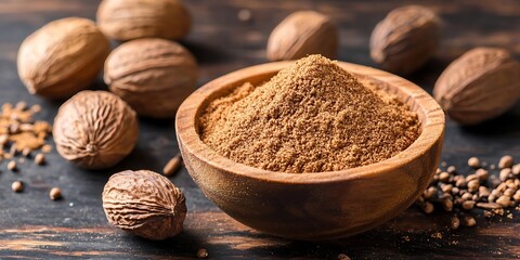a bowl of powder in a wooden bowl