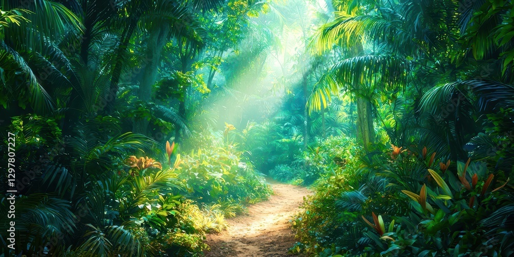 Poster Path through a jungle with sunlight shining through the trees