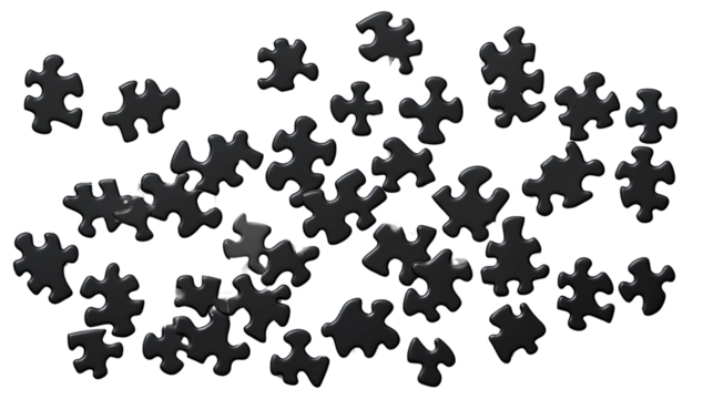Puzzle Pieces Scatter: A collection of interconnected puzzle pieces, representing a complex problem or challenge, are scattered about, hinting at the process of problem-solving, and creativity.