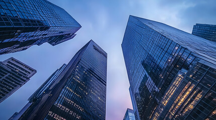 Obraz premium Abstract Perspective Of Modern Skyscrapers Reflecting Blue Sky and Surrounding City