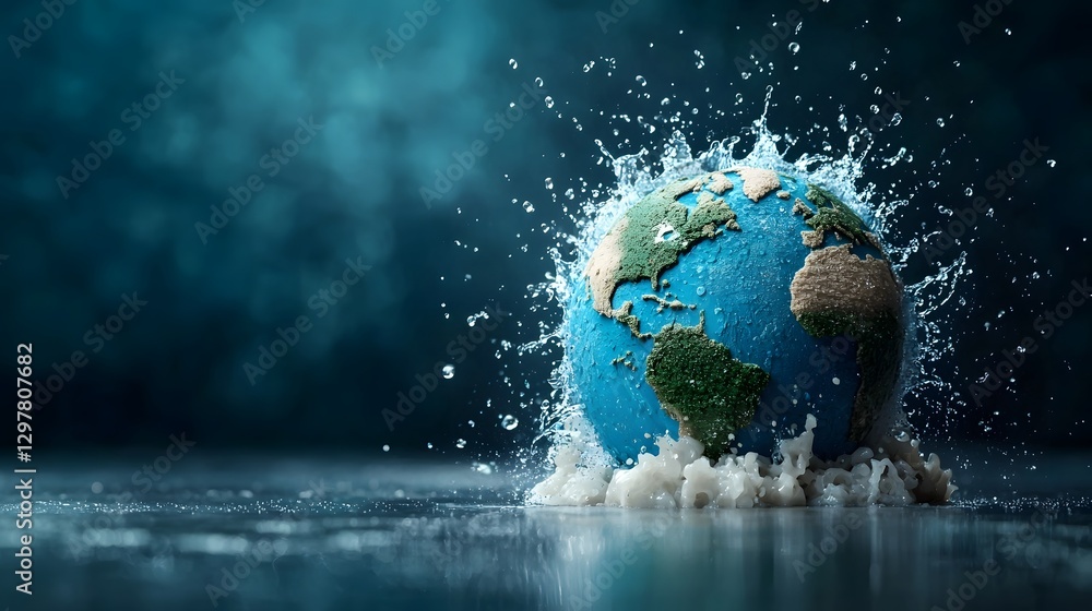 Poster an informative infographic design featuring a 3d globe model with water droplets dripping from it