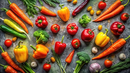 A vibrant overhead flat lay showcasing an assortment of colorful fresh vegetables including carrots, bell peppers, broccoli, tomatoes, and cucumbers, arranged artfully on a textured surface.