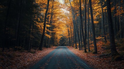 Naklejka premium Empty road through an autumn forest with sunlight peaking through the trees