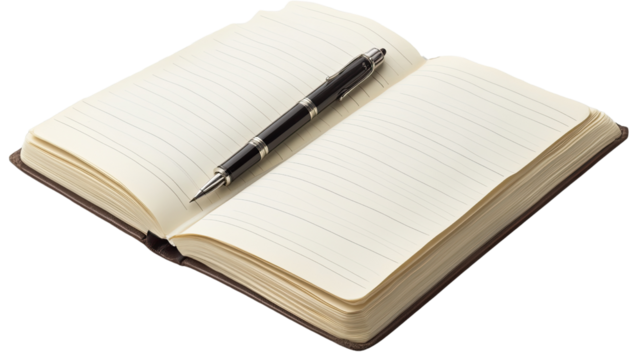 Notebook and Pen: An open notebook with lined pages lies beside a sleek pen, suggesting inspiration, planning, or the simple joy of putting thoughts to paper.