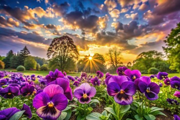 Obraz premium Vibrant purple pansies bask in the golden glow of a breathtaking sunset, their delicate petals illuminated by sun rays bursting through a dramatic sky above a tranquil park