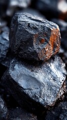 Fototapeta premium A Close-Up View of Natural Coal Fragments Highlighting Texture, Shine, and Deep Black Hue in a Collection of Raw Fossil Fuel Material