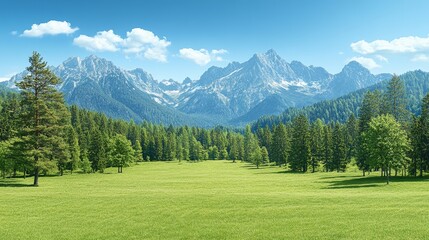 Idyllic alpine panorama lush meadows majestic mountains serene sky a nature escape background for travel advertising or scenic desktop wallpaper
