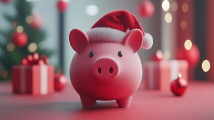 Charming Pink Piggy Bank with Santa Hat and Colorful Christmas Gifts in a Festive Setting, Perfect for Holiday Savings and Creative Gift Ideas