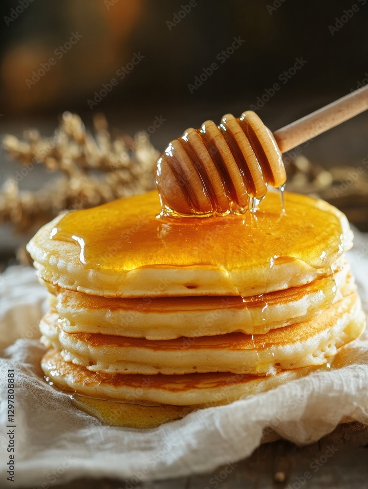 Poster stack of fluffy pancakes drizzled with golden honey and garnished with herbs in a rustic kitchen set