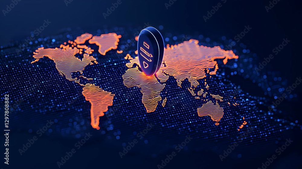Poster digital world map with highlighted location in vibrant colors