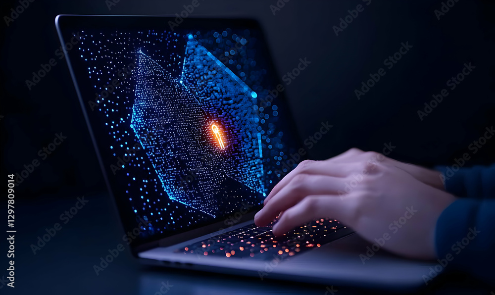 Poster hands typing on laptop with cybersecurity digital display